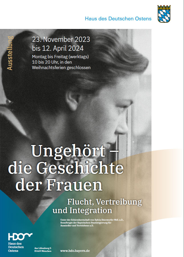 Poster der Ausstellung: Nahaufnahme im Profil: Frau der 40er Jahre in schwarzweiß blickt sorgevoll nach rechts